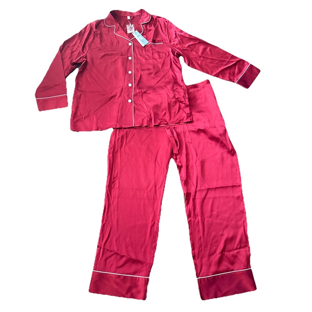 Mommesilk 100% Mulberry Silk Piped Pajama Set Women XL Red NWT